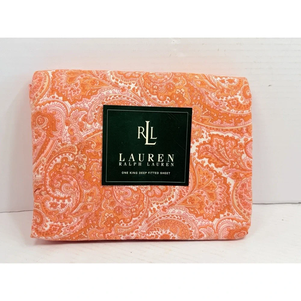 Vintage Ralph Lauren King Deep Fitted Sheet Orange Pink Paisley Cotton NWOB